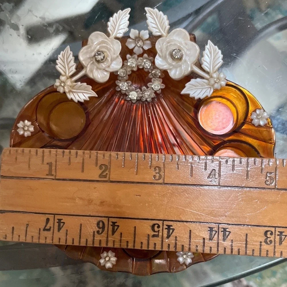 Vintage Amber Lucite Shell Lipstick Holder Floral Rhinestone Vanity Organizer